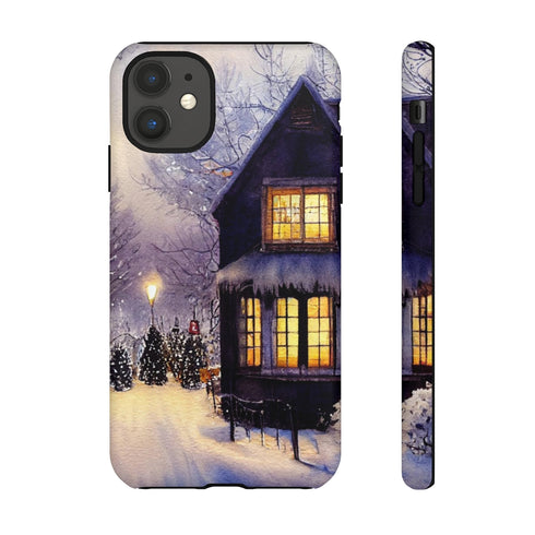 Glowing Homes in the Snow with Christmas Decorations - Impact Resistant Phone Case iPhone 11 Matte